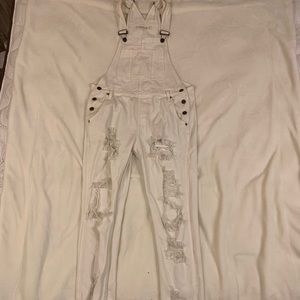 White Ripped Jean Overalls